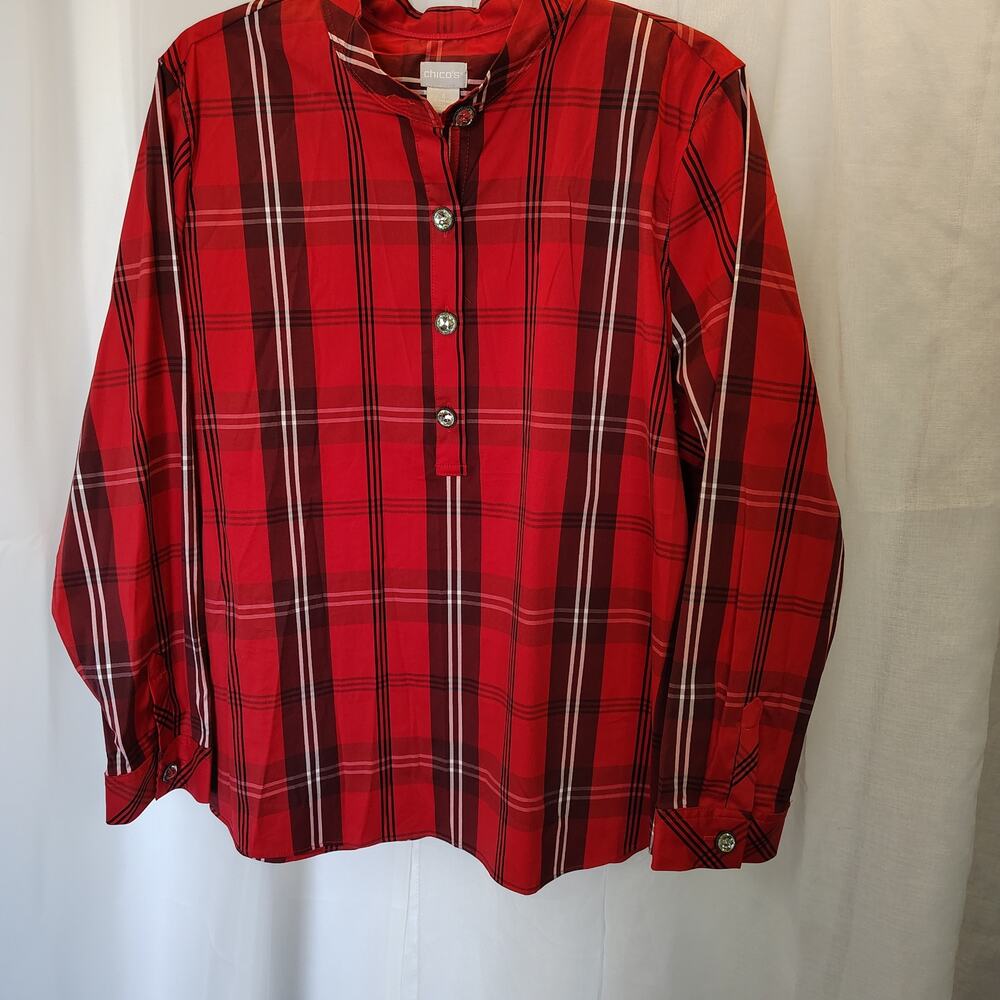 Chico’s Plaid Blouse Women’s Size 3 Red Crystal Button Pullover Top NWT